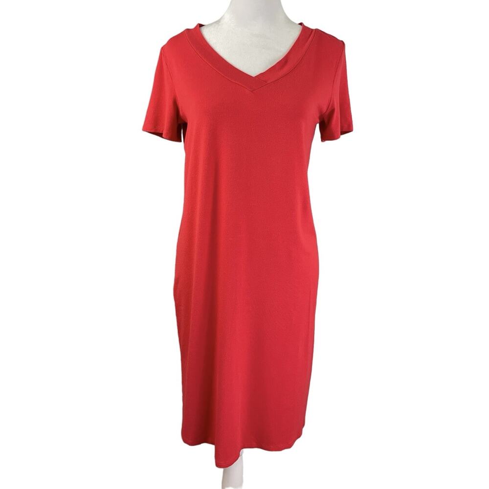 J Jill Wearever Collection XS Shift Dress V-Neck Short Sleeve Red Knee Length